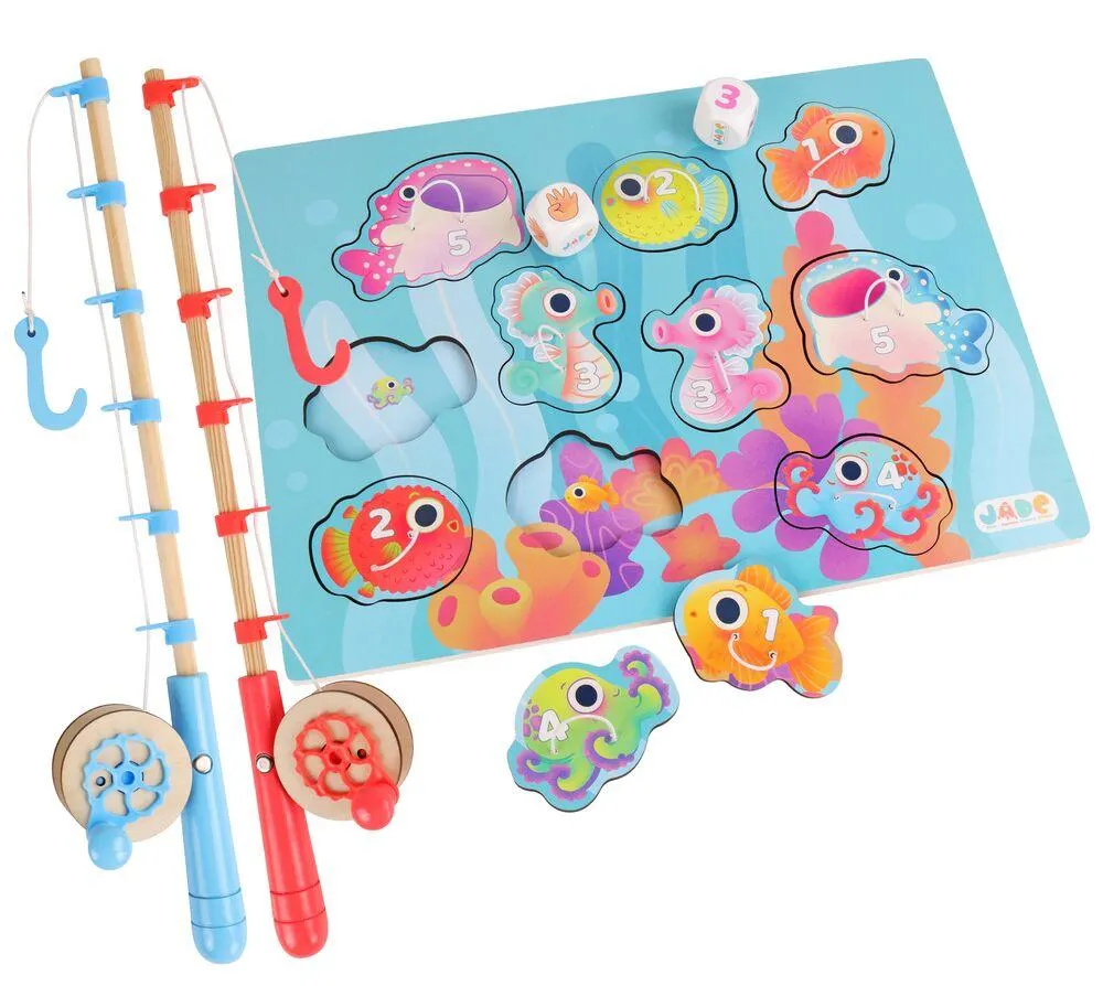 2 CANNES A PECHE 43 CM BOIS AVEC MOULINET + 10 POISSONS BOIS