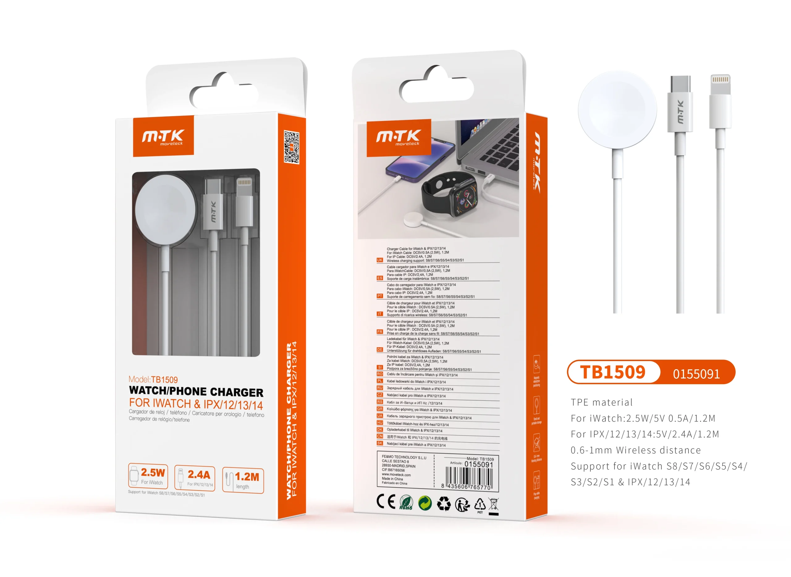 Apple watch - câble type c avec chargeur magnétique 2en 1-1,2m, blanc - tb1509