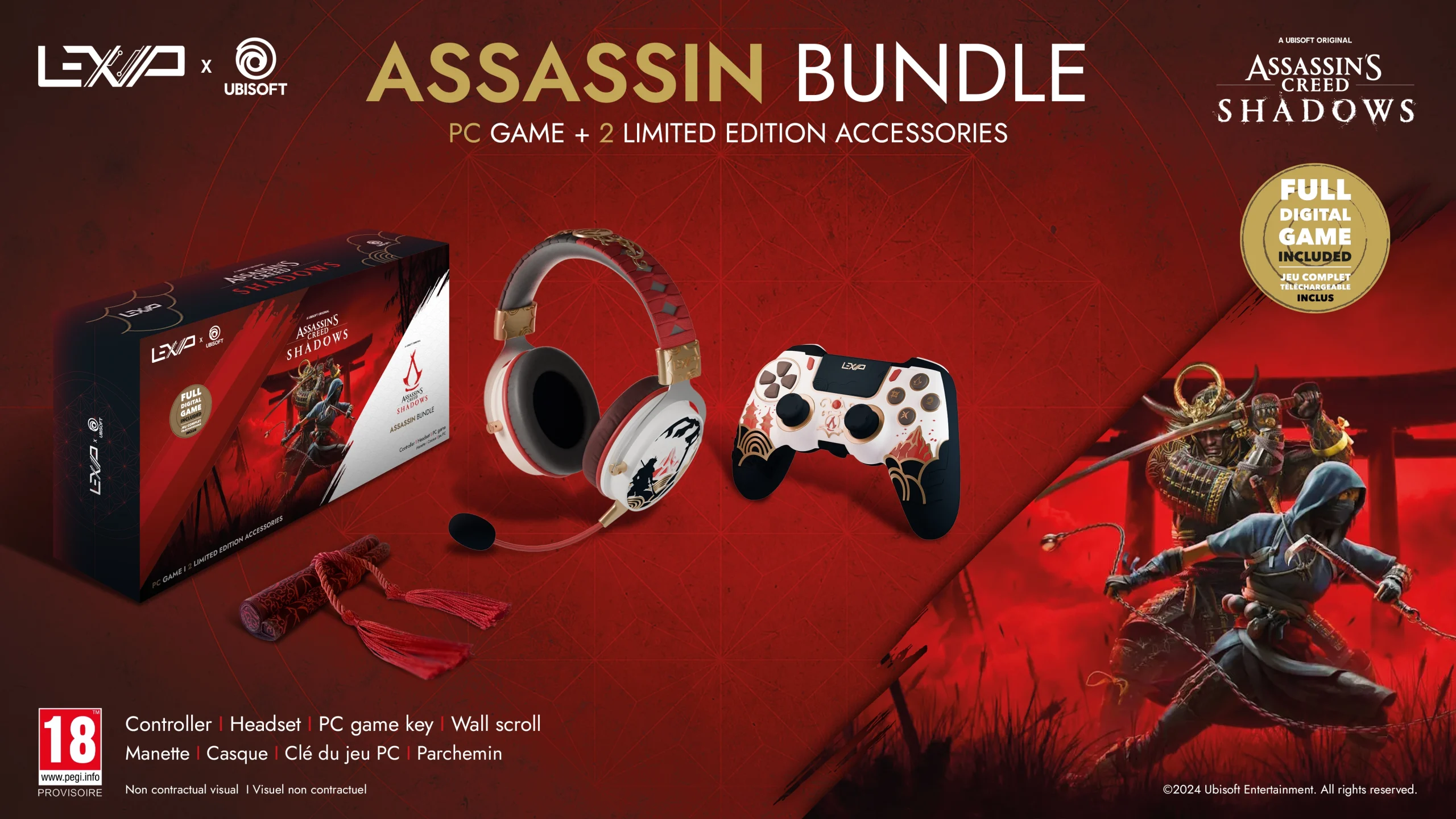 Assassin's creed bundle manette + casque + clé de jeu pour pc + parchemin collector