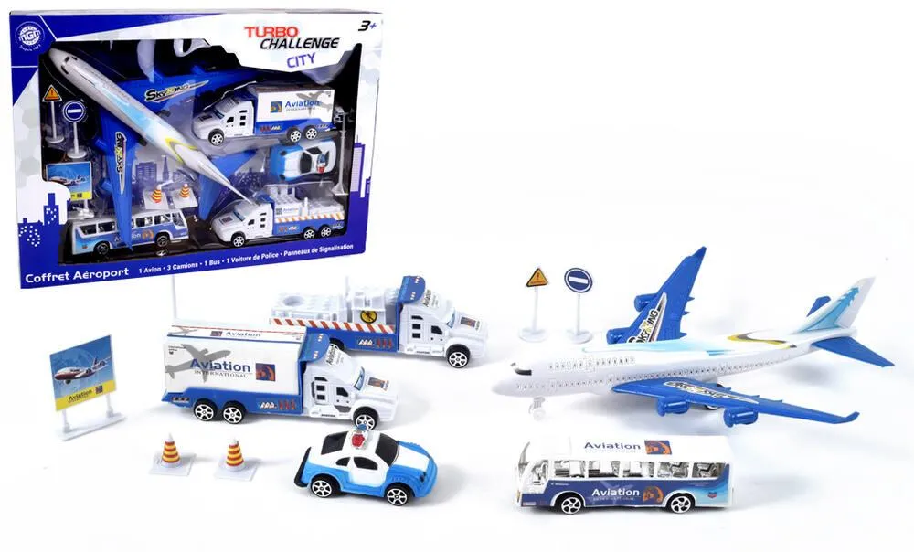 COFFRET AEROPORT 11 PIECES AVION 26 CM ET ACCESSOIRES