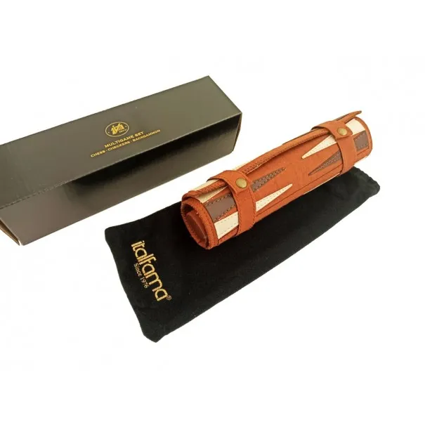 Backgammon Dames Echecs Rouleau en cuir Marron 25cm