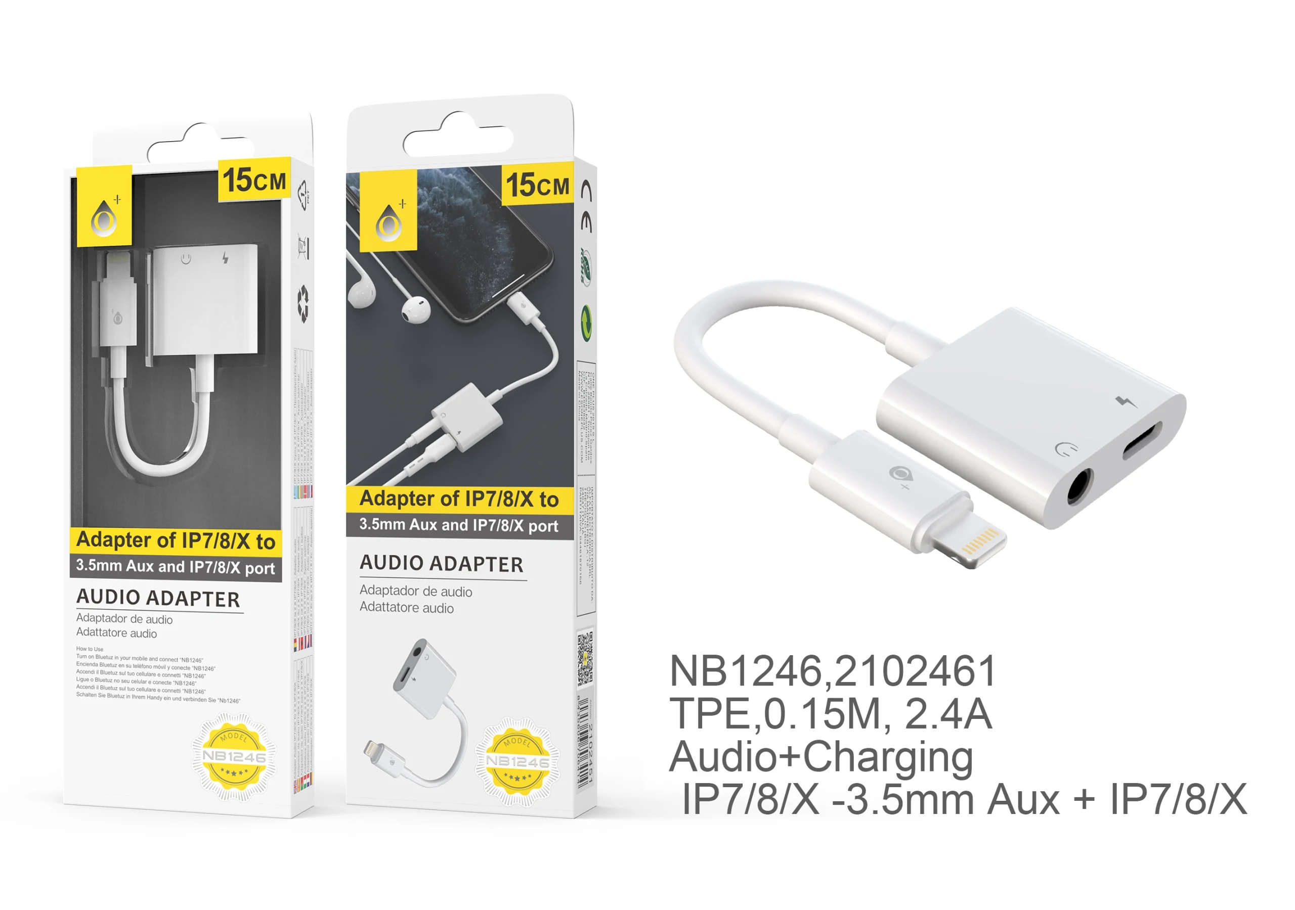 Câble adaptateur 2 en 1 - ip7/8/x - audio 3,5mm -nb1246-15cm - blanc