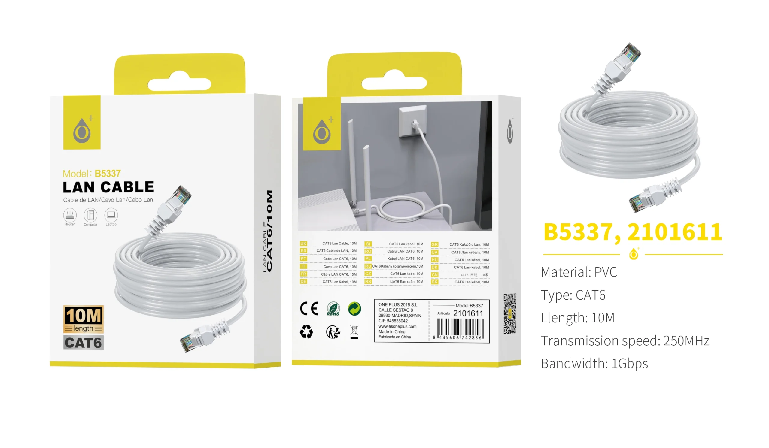 Câble ethernet cat6 -  10m - blanc - b5337