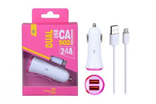 Chargeur allume cigare 2 ports 1a/2,4a  + 1 câble iphone 5/6 rose ca502