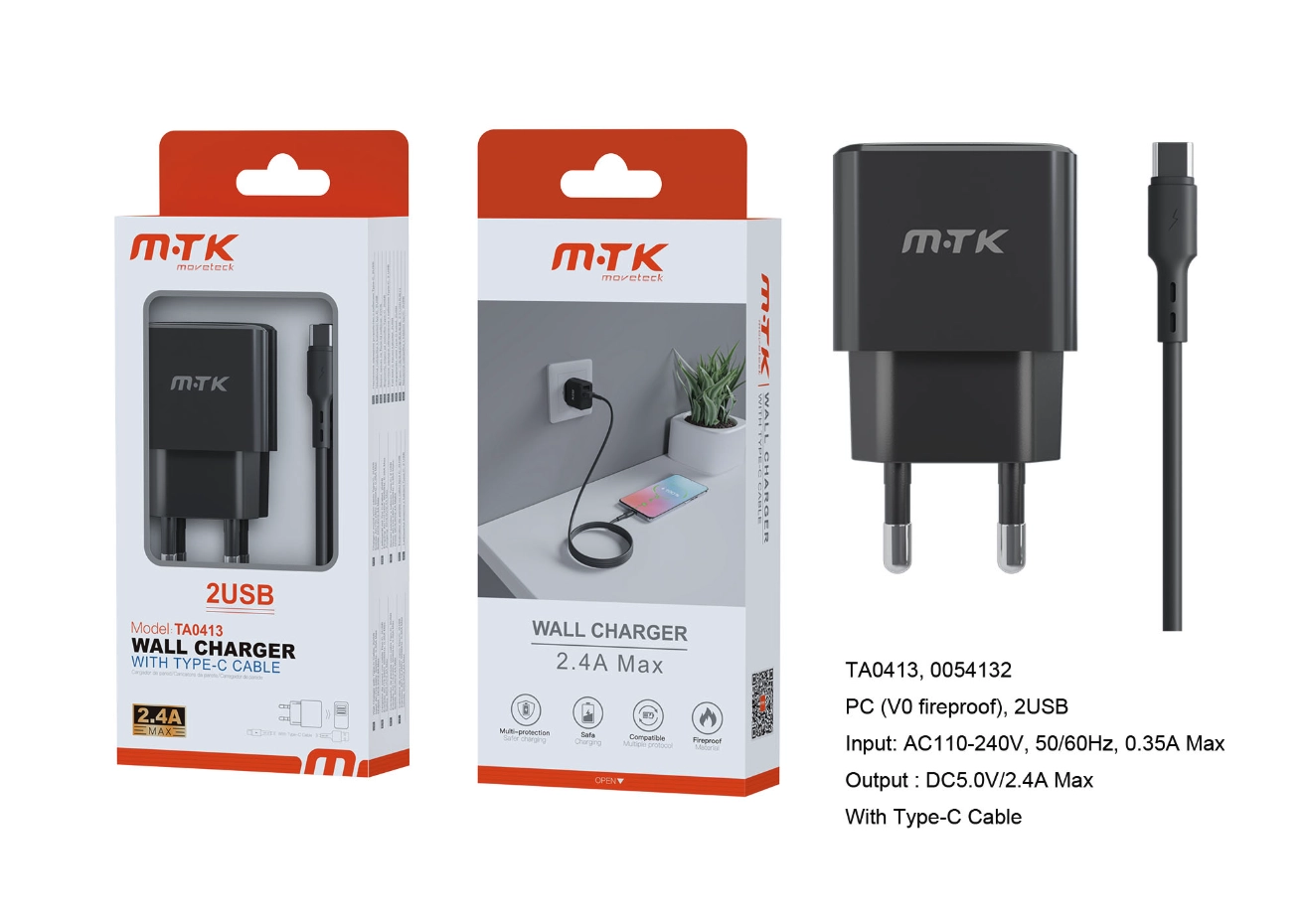 Embout secteur avec câble type c, 2 usb , 2.4a - ta0413 - noir