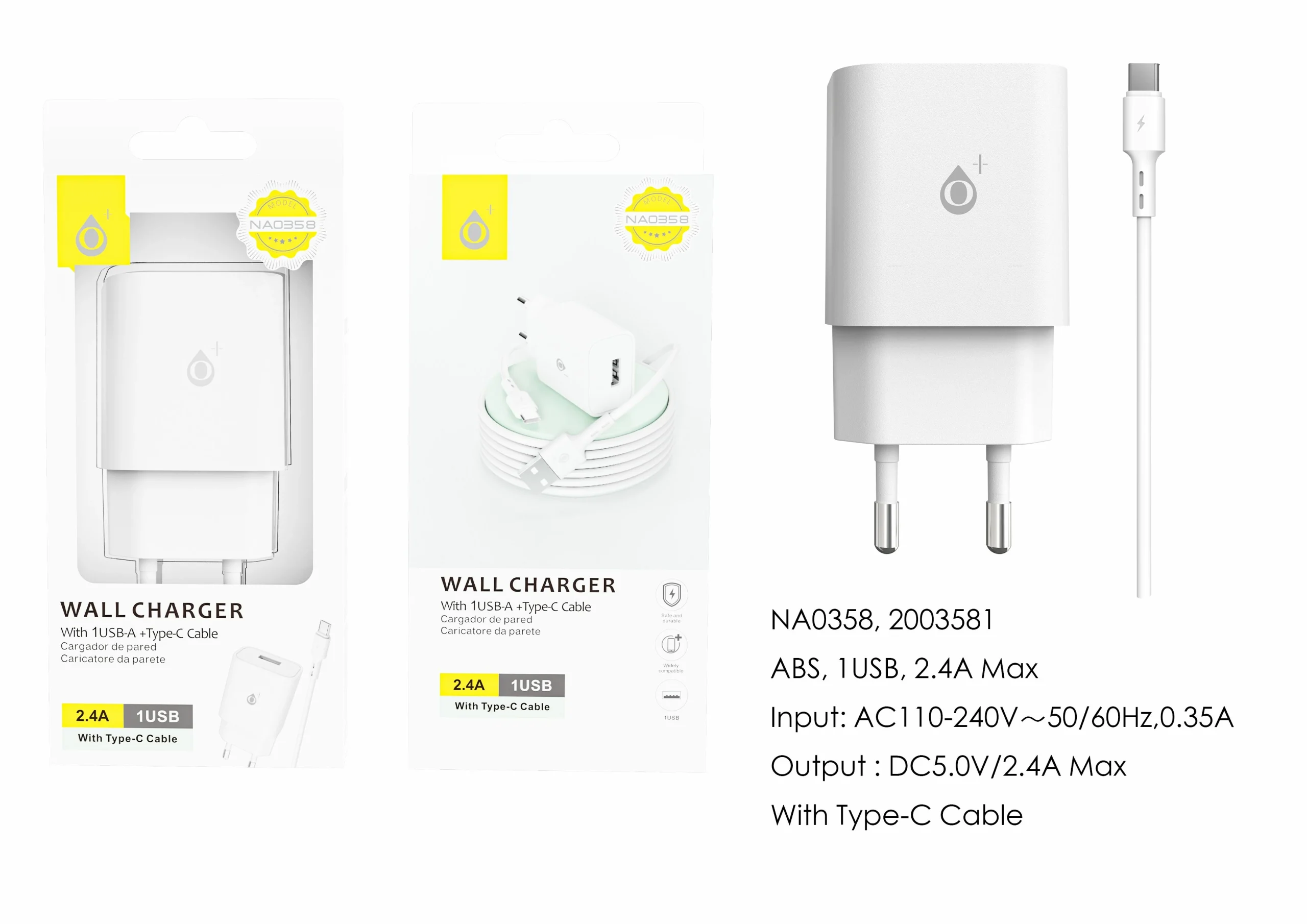 Embout secteur usb avec câble type c-2,4a-na0358- blanc