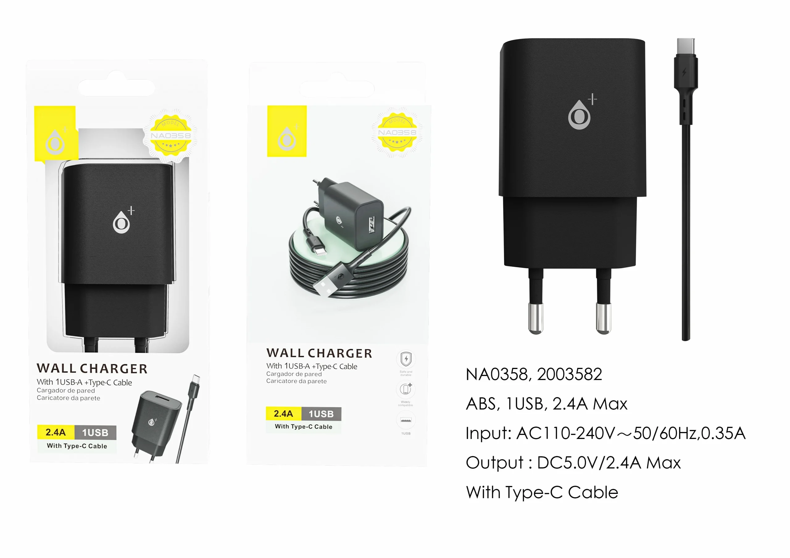 Embout secteur usb avec câble type c-2,4a-na0358- noir