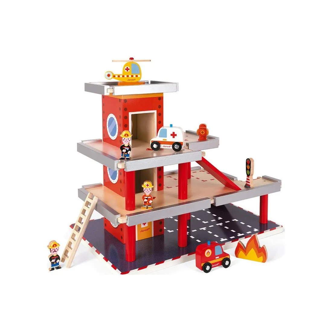 Garage en bois jouet, Caserne de pompiers Janod avec 10 accessoires