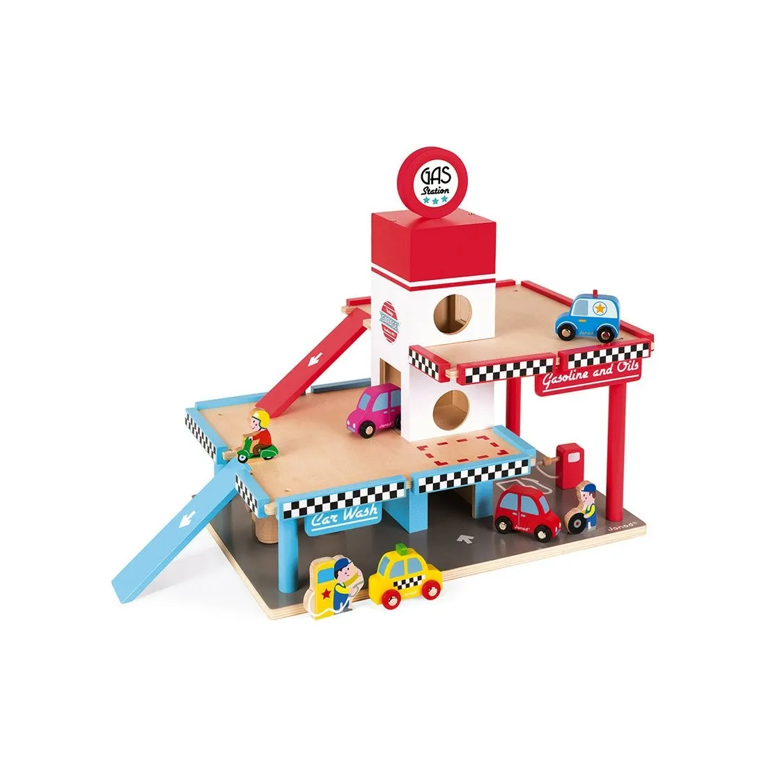 Garage jouet en bois enfant - station de lavage et station service Janod