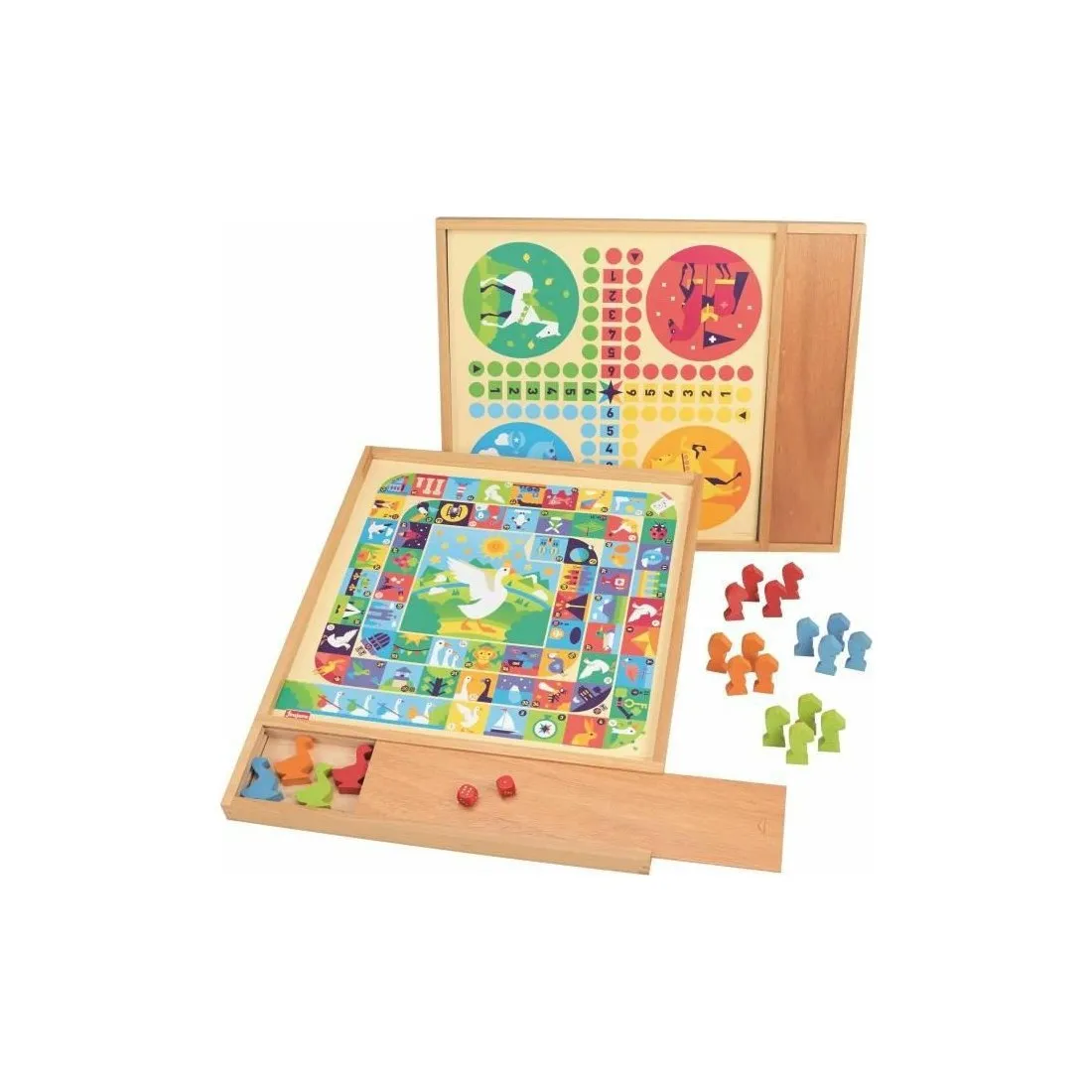 Jeux de l'oie et petits chevaux JeuJura - Plateau avec plumier en bois