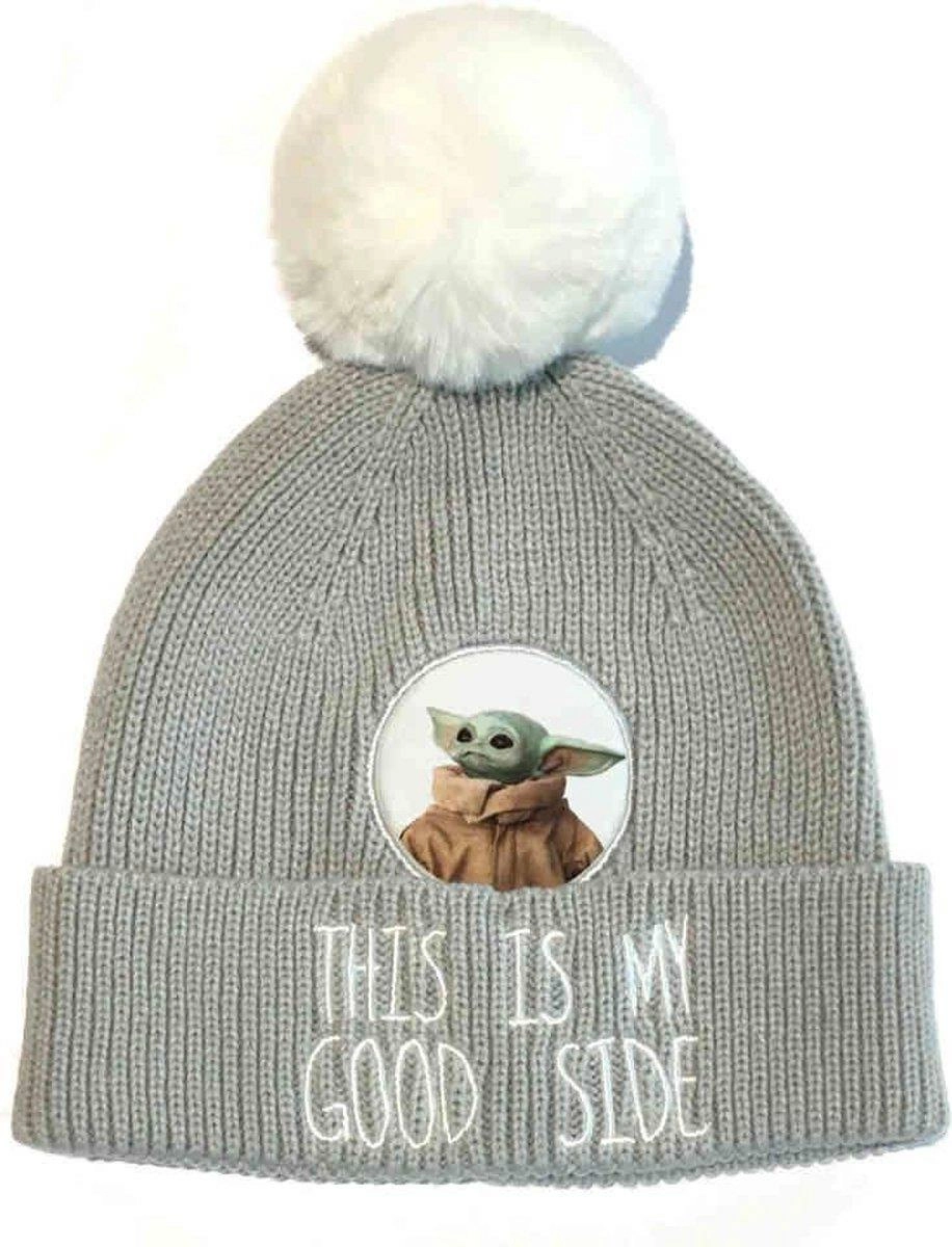 Star wars: the mandalorian - bonnet à pompon gris et blanc "this is my good side"